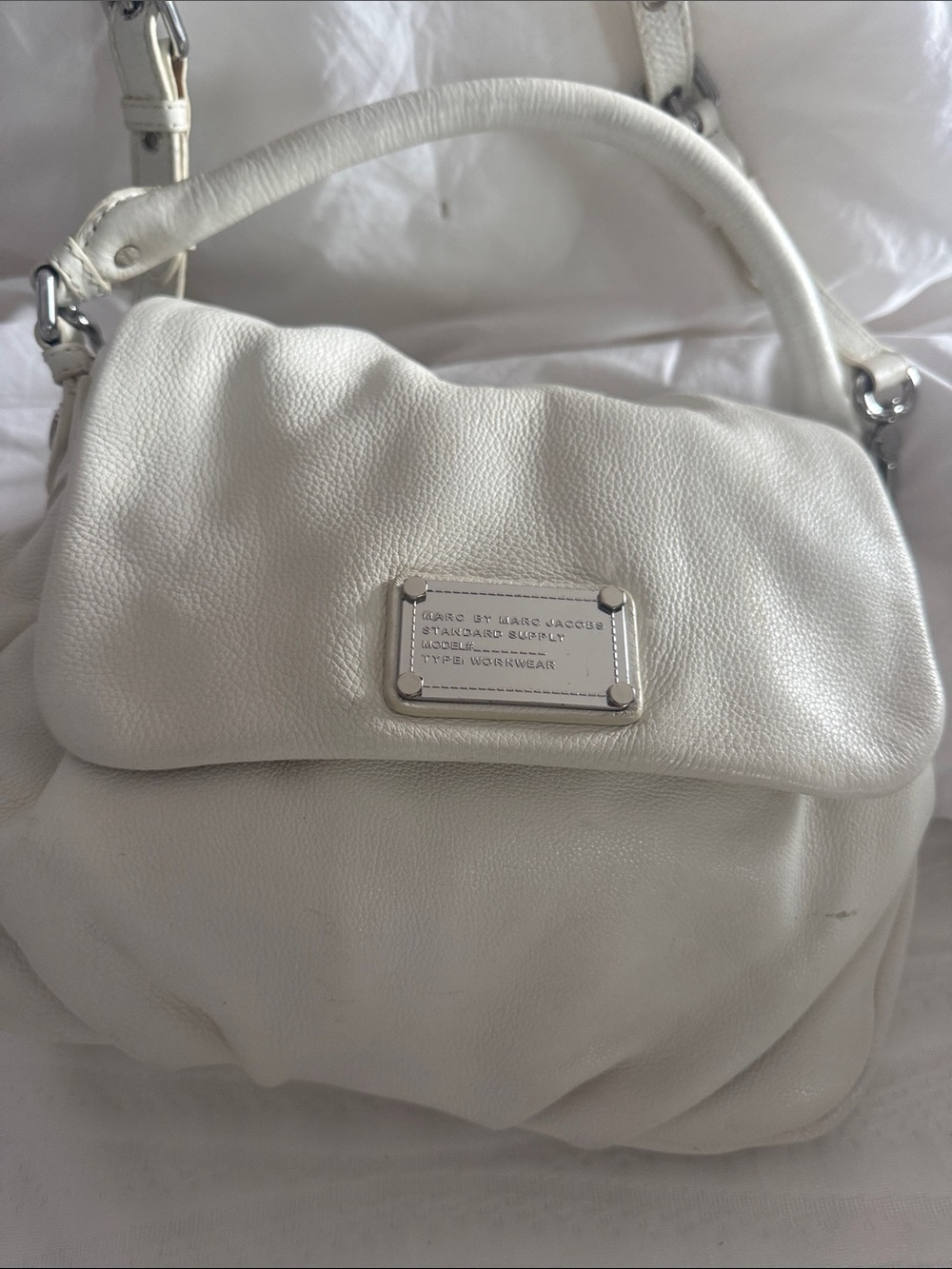 Marc by Marc Jacobs White Pebbled Leather Shoulder Bag with Nameplate